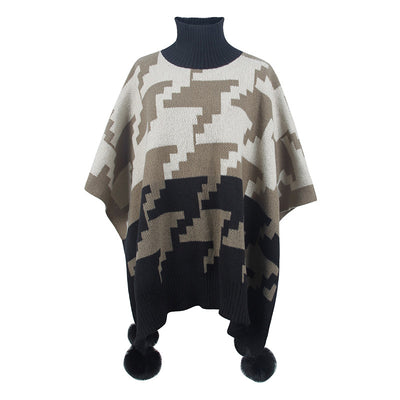 Poncho Capa Cálido Cuello Alto Bicolor con Pompones de Piel - Image 5