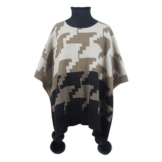 Poncho Capa Cálido Cuello Alto Bicolor con Pompones de Piel - Image 5