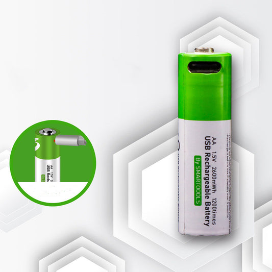 Two green AA 1.5V rechargeable batteries with Type-C ports and a white USB-C charging cable in green retail packaging.