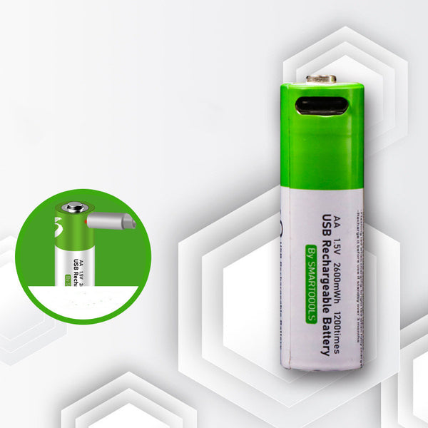 Two green AA 1.5V rechargeable batteries with Type-C ports and a white USB-C charging cable in green retail packaging.