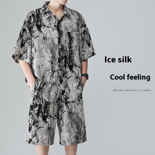 Conjunto de Playa para Hombre - Camisa Estampada y Pantalones Cortos Seda de Hielo Verano - Image 6