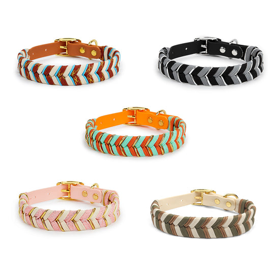 Braided dog collar with chevron pattern in cream and brown, featuring a cream strap and gold-tone metal buckle. - Image 2