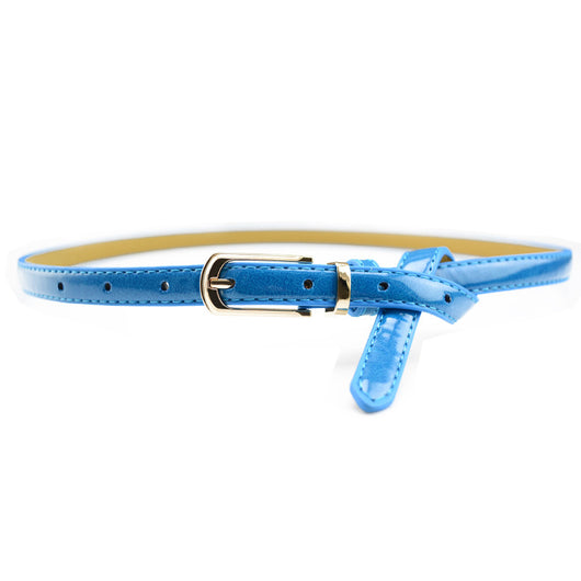 White patent leather women's belt with a slim strap and a gold-tone rectangular pin buckle. - Image 3