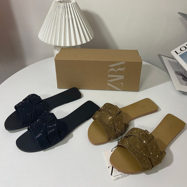 Sandalias Planas de Playa con Strass - Diseño Abierto Versátil para Mujer