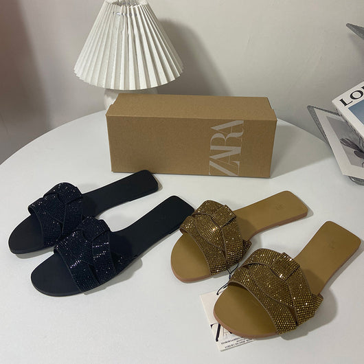 Sandalias Planas de Playa con Strass - Diseño Abierto Versátil para Mujer