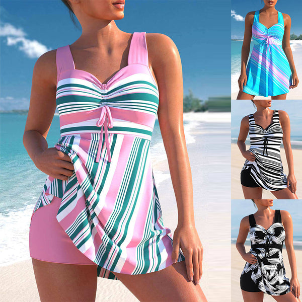 Bikini de Dos Piezas Talle Alto con Estampado a Rayas y Boxer