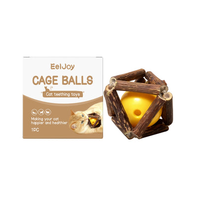 EelJoy Cage Balls cat teething toy with a yellow plastic ball inside a natural wood stick cage, shown with its packaging.