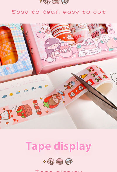 Set of 20 rolls of cute cartoon washi tape in a pink 'Peach Tea Talk' gift box, featuring peach, strawberry, and bear designs. - Image 14
