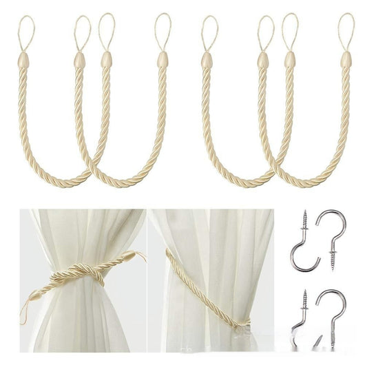 Four beige twisted rope curtain tie-backs with loops, shown with two silver screw-in hooks and on sheer white curtains. - Image 11
