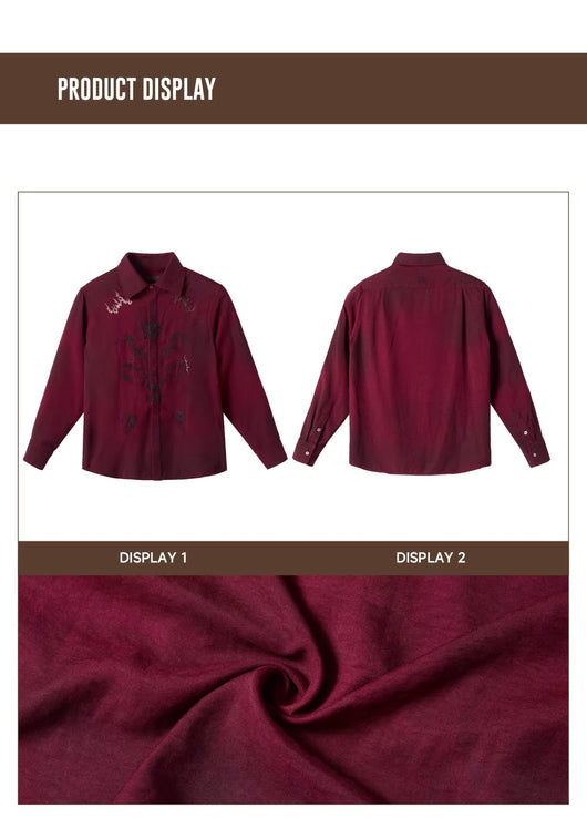 Camisa de Terciopelo Satinado Rojo Vino con Patrón Totem - Image 16