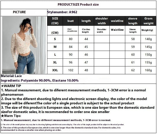 Blusa de Encaje Escote V Manga Larga Colores Sólidos - Image 7