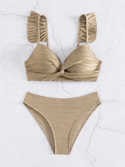 Black ruched high-waisted bikini swimsuit with ruffled shoulder straps and a twisted front detail. - Image 10