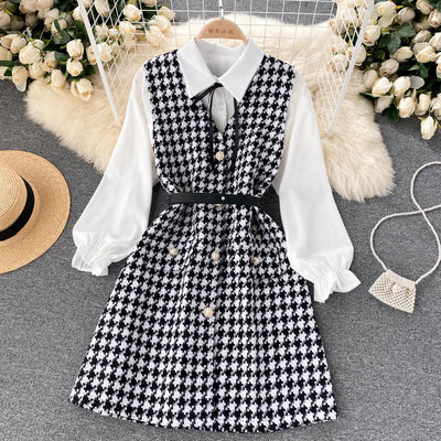 Vestido Houndstooth con Tirantes y Mangas Puff - Image 13