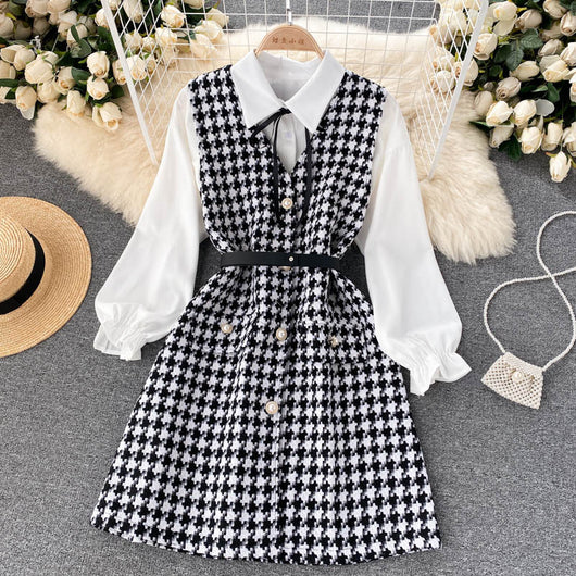 Vestido Houndstooth con Tirantes y Mangas Puff - Image 13