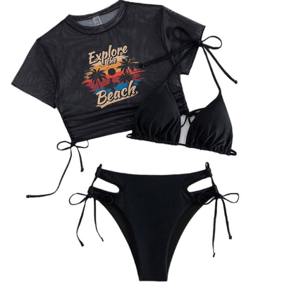 Black three-piece swimsuit with a mesh crop top featuring an "Explore the Beach" graphic, bikini top, and high-waisted bottoms. - Image 5