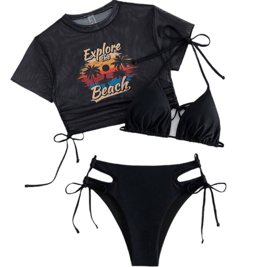 Black three-piece swimsuit with a mesh crop top featuring an "Explore the Beach" graphic, bikini top, and high-waisted bottoms. - Image 5