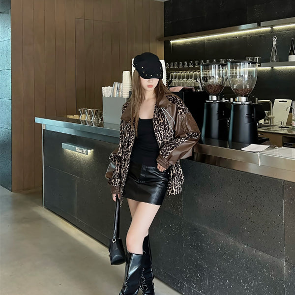 Chaqueta de Cuero PU con Detalles Leopardo