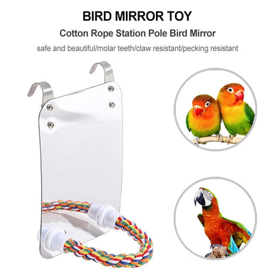 Parrot toy with a rectangular acrylic mirror and a colorful braided rope perch, designed to hang in a birdcage. - Image 8