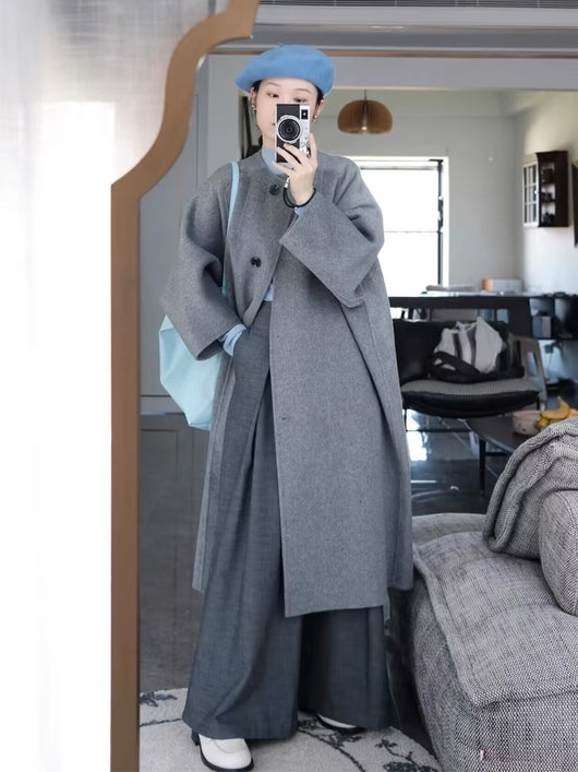 Abrigo de Lana Gris Elegante de Largo Medio para Mujer - Image 8
