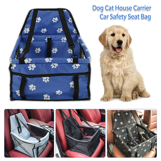 Light grey pet car booster seat with black mesh sides and adjustable straps, installed on a black and red car seat. - Image 3
