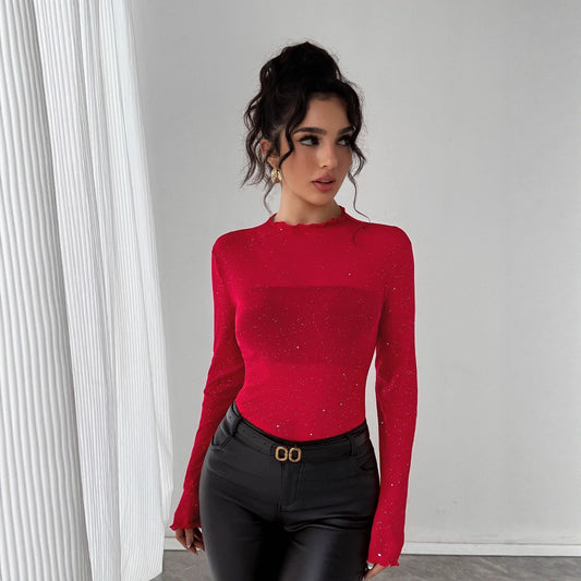 Blusa Brillante con Lentejuelas Ajustada de Manga Larga