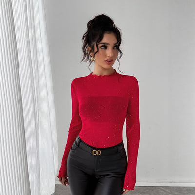 Blusa Brillante con Lentejuelas Ajustada de Manga Larga