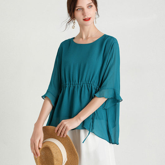 Blusa de Seda Elegante Manga Corta Talla Grande Efecto Reductor - Image 12