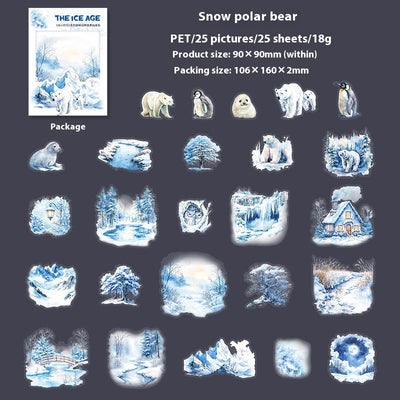 A set of 25 PET stickers featuring winter landscapes, ice castles, deer, wolves, and an ice queen in a snowy fantasy theme. - Image 9