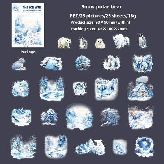 A set of 25 PET stickers featuring winter landscapes, ice castles, deer, wolves, and an ice queen in a snowy fantasy theme. - Image 9