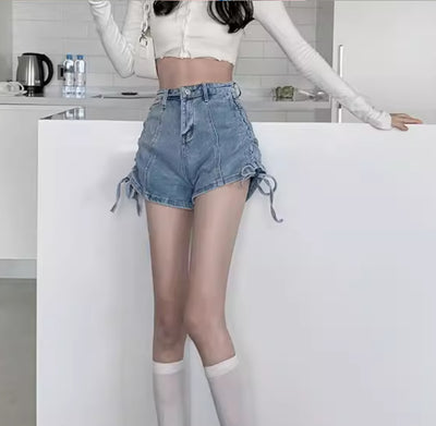 Shorts de Mezclilla Talle Alto con Diseño de Cordón Delgado y Corte Ancho para Mujeres - Image 8