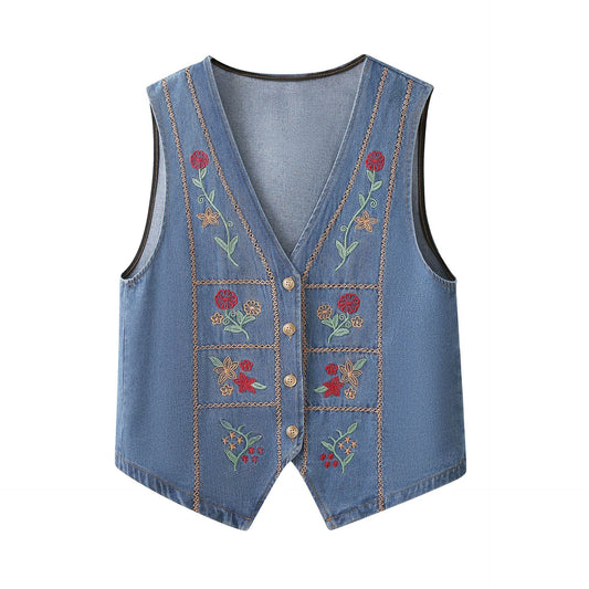 Chaleco Denim Bordado Étnico Cuello V Reforzado