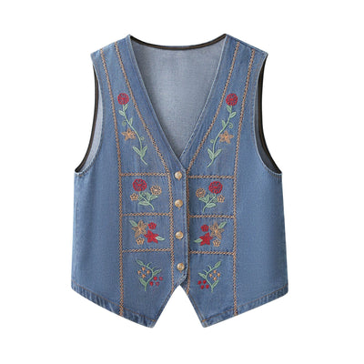 Chaleco Denim Bordado Étnico Cuello V Reforzado