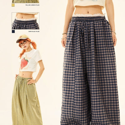 Pantalones Sueltos Retro Azul con Patrón Geométrico