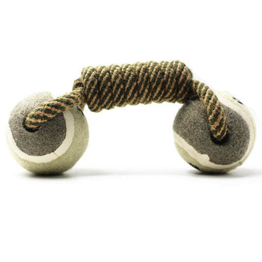 Border collie holding a cotton rope dumbbell dog toy with tennis ball ends and paw print designs. - Image 2