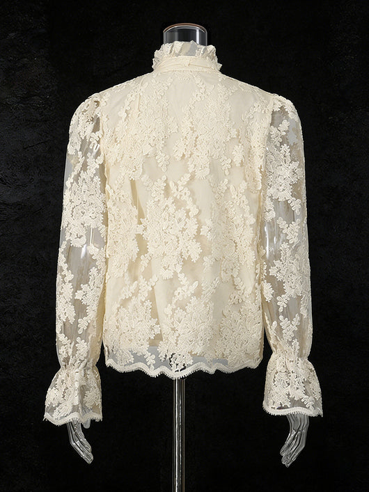 Blusa Retro con Encaje Floral 3D y Mangas Largas - Image 5