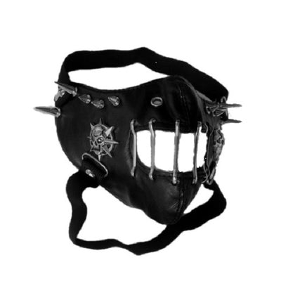 Black leather half-face mask with brass chains, spikes, and gear accents, featuring adjustable elastic straps. - Image 16