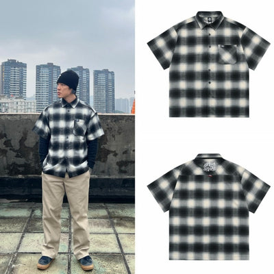 Camisa Cardigan Cuadros Clásico con Bolsillos y Manga Corta