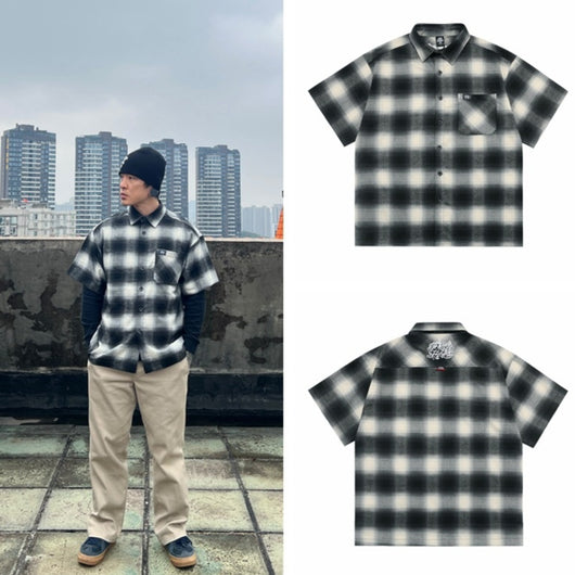 Camisa Cardigan Cuadros Clásico con Bolsillos y Manga Corta