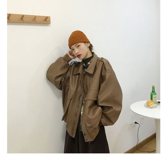 Chaqueta de Cuero Retro Estilo Hong Kong Suelta para Mujer - Image 11