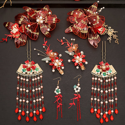 Tocado Estilo Antiguo con Flores Rojas y Flecos - Corona de Pelo Nupcial - Image 6