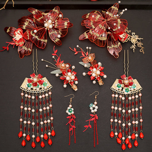 Tocado Estilo Antiguo con Flores Rojas y Flecos - Corona de Pelo Nupcial - Image 6