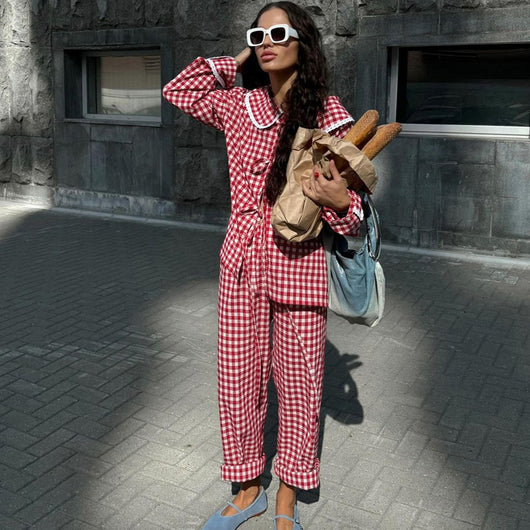 Conjunto Dos Piezas: Blusa Cuadros Suelta con Cordones y Pantalón Ancho