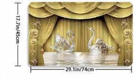 Gold and white three-piece bathroom mat set with a swan and floral design, including a bath mat, contour mat, and toilet lid cover. - Image 6