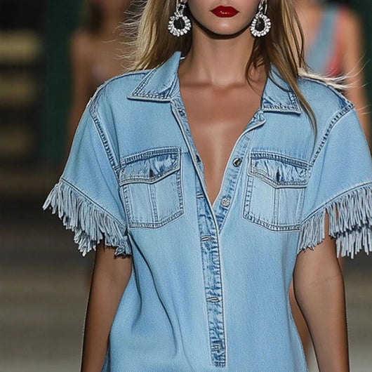 Vestido Camisa Denim Retro Oversized con Mangas Cortas y Detalles de Flecos - Image 3