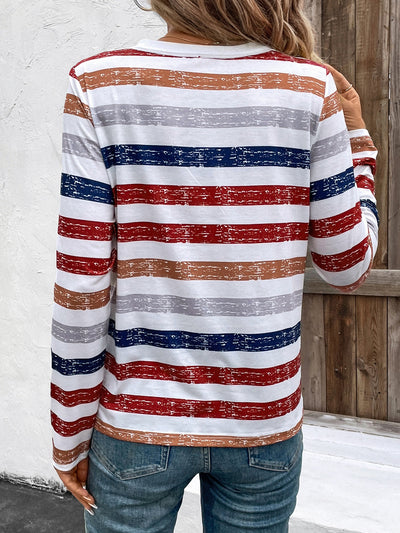 Blusa Mujer Rayas Cuello V Manga Larga con Detalles de Cierre - Image 8
