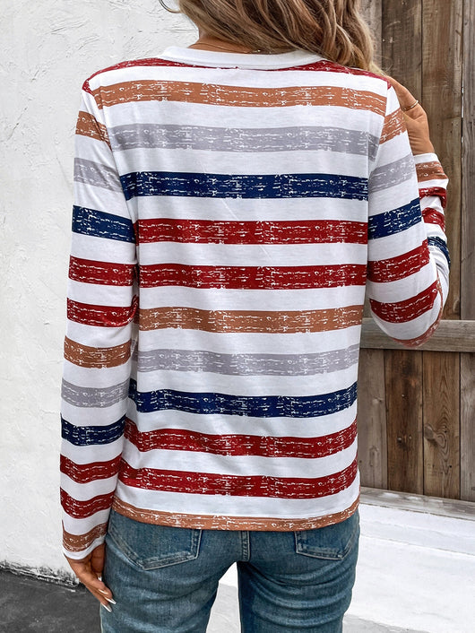 Blusa Mujer Rayas Cuello V Manga Larga con Detalles de Cierre - Image 8