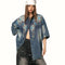 Camisa Denim Vintage Desteñida con Bordado Floral y Costuras Artesanales