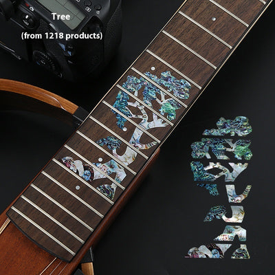 Blue cloud-shaped inlay stickers for guitar fingerboards, shown on a guitar neck and as a full sheet. - Image 25