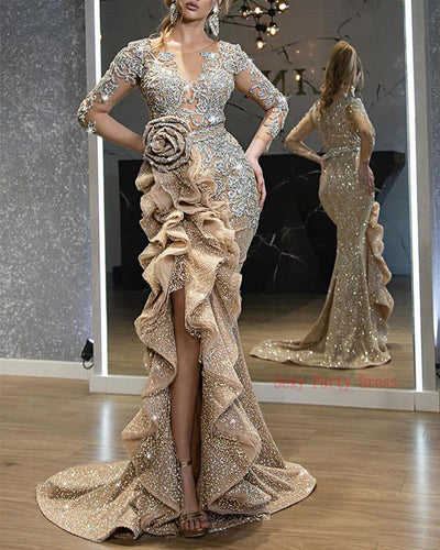 Vestido de Fiesta Dorado con Detalles Brillantes para Damas - Image 12
