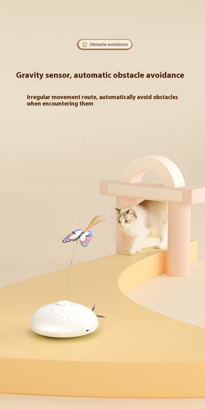 White electric cat toy with a colorful butterfly on a flexible wire and green feathers extending from the base. - Image 12